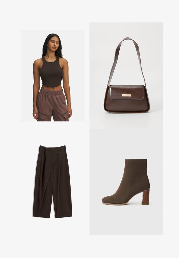 Brun ribbet crop top med rund halsudskæring og minimale syninger, parret med lysebrune bukser med sidelommer og elastisk talje.; Mørkebrune brede bukser med høj talje, udstyret med en enkelt knaplukning og en plisseret front. Lavet af letvægtsstof.; Brune ruskinds ankelstøvle med rund tå og en stablet, tekstureret hæl. Glat overflade uden synlige lukninger eller udsmykninger.; Brun læder skuldertaske med en struktureret form, der har en magnetisk klaplukning og en metallisk logoaccents på forsiden.
