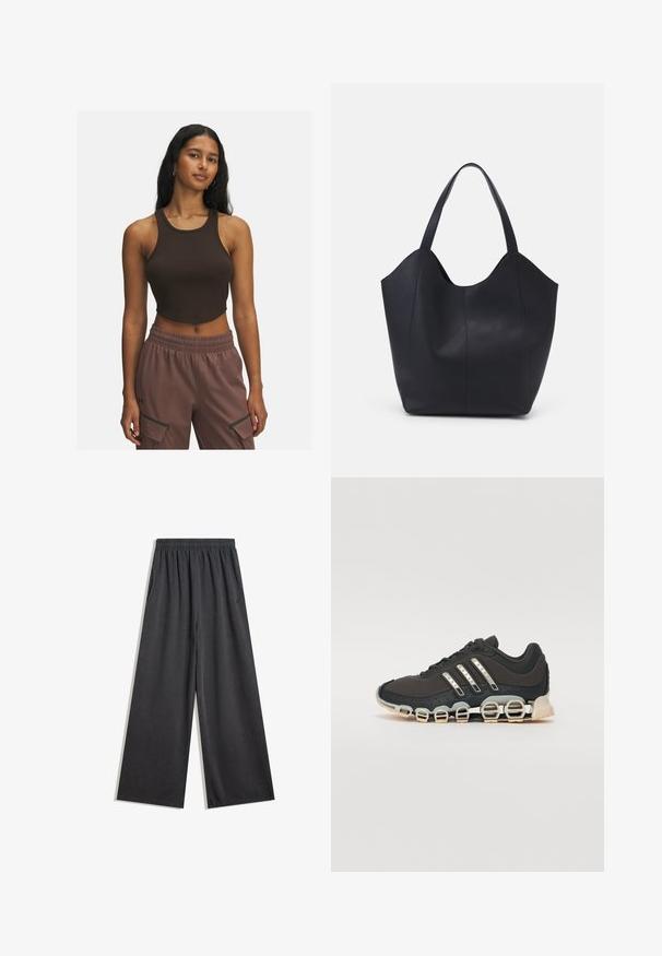 Brun ribbet crop top med rund halsudskæring og minimale syninger, parret med lysebrune bukser med sidelommer og elastisk talje.; Sorte brede bukser lavet af blødt stof, med elastisk talje og sidelommer. Glat tekstur uden synlige mønstre eller dekorationer.; Sort træningssko med en tekstureret overdel, tre sølvstriber og en karakteristisk støttende sål med flere integrerede sektioner.; Sort tote taske lavet af glat læder, med en buet, åben top, to skulderstropper og et minimalistisk design.