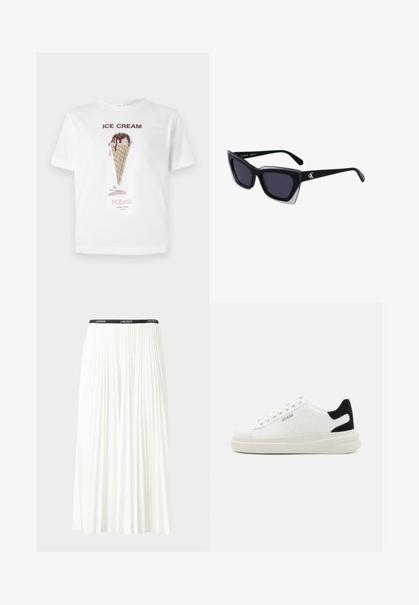 Balta kokvilnas T-krekls ar ilustrāciju par saldējuma konusiņu ar rozā un brūniem akcentiem, un tekstu "Saldējums, lūdzu" zem tā.; Gari plānas baltas svārku ar melnu elastīgu jostu, uz kuras redzams "LACOSTE" logo. Vidēja garuma dizains ar mīkstu tekstūru.; Baltas ādas sporta apavi ar biezu balto zoli, melna zamša uzpura un izspiestais logotips sānos. Šņorējuma dizains ar sešiem acu caurumiem.; Melni pārmēru saulesbrilles ar ģeometrisku formu, kas aprīkotas ar tumšiem stikliem un kontrastējošu pelēku akcentu uz rāmja. Logo uz kājas.