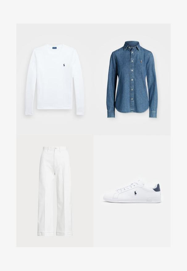 Balta garām piedurknēm krekls, kokvilnas materiāls, apaļa dekoltē, ar nelielu tumši zilu logotipu kreisajā krūtī. Vienkāršs dizains, regulāra piegriezuma.; Denim krekls vidēji zils, ar garām piedurknēm, pogu aizdari un logo akcentu uz krūtīm. Iespējo izliekts apakšmalas un standarta piegriezumu.; Baltas platās bikses ar augstu jostasvietu, ar pogu aizdari un smalkiem izšuvumiem. Izgatavotas no kokvilnas ar gludu tekstūru.; Baltas ādas sporta apavi ar gludu virsmu, jūras zila akcenti un neliels zīmols sānos. Aprīkoti ar plakaniem aukliņām un strukturētu gumijas zoli.