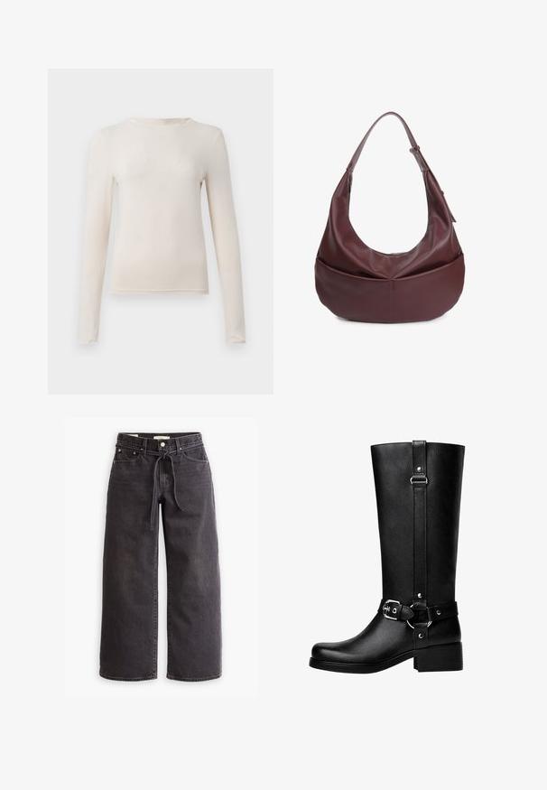 Beige long-sleeve crew neck shirt with fitted silhouette, displayed flat against a light background.; Black wide-leg jeans made of denim, featuring a drawstring waist, five pockets, and contrast stitching details. Flat-front design.; Tall black faux leather boots with a rounded toe, accent belt buckle detail, and a chunky heel. Smooth texture and vertical seam on the shaft.; Burgundy leather hobo bag with a curved silhouette, wide strap, and a zip closure. Features a front pocket with a smooth texture.