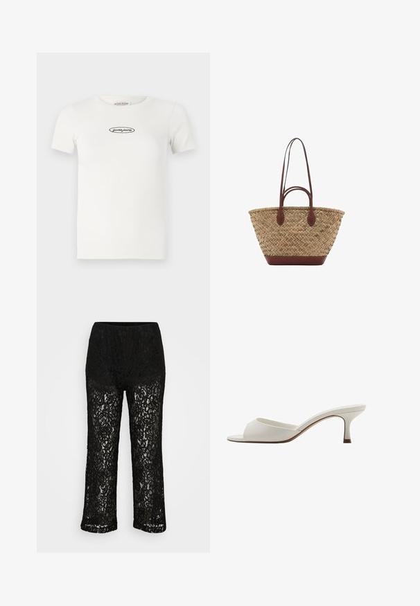White ribbed t-shirt with short sleeves, round neckline, and black embroidered "guess jeans" logo centered on the front.; Black lace wide-leg pants with opaque underwear lining, floral pattern, and elastic waistband on plain background.; White open-toed high-heeled mules with a smooth finish, minimalist design, and a slender heel, featuring a subtle brown accent on the sole.; Woven straw tote bag with braided texture, dark brown leather handles and base, wide circular shape, and open top design.