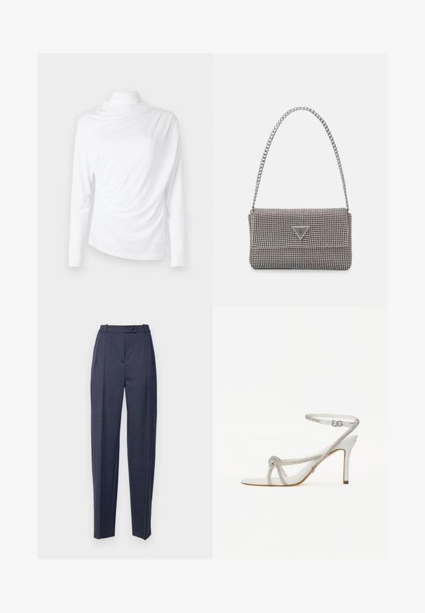 Langærmet hvid top med en mock neck, der har draperet stof, blød tekstur og et asymmetrisk frontdesign. Glat finish.; Mørk navy skræddersyede bukser med lige ben-design, der har et højt liv, indlæg og en enkelt knaplukning. Glat stoftekstur.; Hvide højhælede sandaler med en tekstureret rem prydet med rhinsten, åben tå-design og ankelrem med justerbar spænde.; Lys grå metallisk håndtaske med kædestrop, dekoreret med små runde metalliske studs og et trekantet brandlogo.