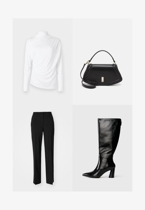 Long-sleeved white top with a mock neck, featuring draped fabric, soft texture, and an asymmetrical front design. Smooth finish.; Black tailored trousers with a straight-leg design, featuring a smooth texture and crisp creases along the front. No visible hardware.; Knee-high black leather boot with a pointed toe, smooth texture, and a chunky heel. Features a zipper detail at the back.; Black leather handbag with a structured design, featuring a cropped shape, top handle, and gold hardware accent. Adjustable shoulder strap included.