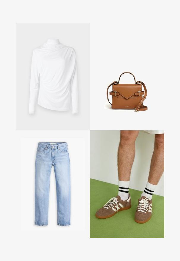 Felpa bianca a maniche lunghe con collo alto, caratterizzata da tessuto drappeggiato, texture morbida e un design frontale asimmetrico. Finitura liscia.; Jeans in denim azzurro chiaro con design a gamba dritta, cinque tasche e vita a media altezza. Presenta una finitura sbiadita e orlo cucito.; Sneaker in suede marrone con dettagli e lacci bianchi. Suola in gomma color gomma. Indossati con calzini bianchi con righe nere. Pavimento verde texturizzato.; Borsa a mano in pelle marrone con design strutturato, dettagli in hardware dorato e una patta decorativa. Include una tracolla removibile.