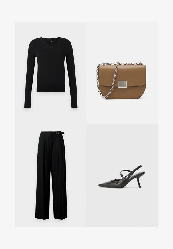Černý dlouhý rukáv tričko s výstřihem do V vyrobené z měkké bavlny, s úzkým střihem a minimalistickým designem bez dalších vzorů nebo akcentů.; Černé široké kalhoty s vysokým pasem, záhyby vpředu a páskem s přezkou. Vyrobené z hladké, lehké tkaniny.; Černé kožené lodičky na boku s špičatou špičkou, štíhlým podpatkem a dekorativní přezkou na nártu. Hladká textura a elegantní design.; Hnědá kožená kabelka přes rameno s zakřiveným tvarem, stříbrný řetězový popruh a čtvercový kovový uzávěr detail na přední straně.
