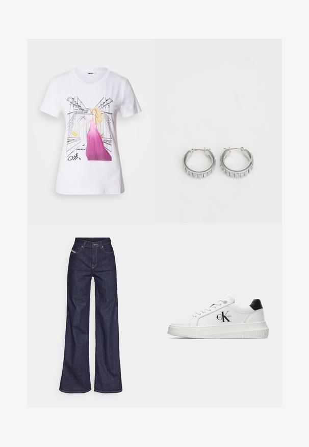 Tricou alb din bumbac, cu un grafic ce înfățișează o femeie îmbrăcată în rochie roz pe o stradă din oraș, având logo-ul DKNY imprimat și un simbol de bicicletă.; Blugi taille mare, de culoare albastru închis, din material denim, cu croială largă, cu cusături portocalii, design cu cinci buzunare și închidere cu nasture.; Adidași albi cu glezna joasă, cu tab-ul de călcâi negru, talpă platformă, șireturi și logo-ul "CK" de la Calvin Klein pe lateral.; Cercei din argint în formă de cerc cu un design texturat, ce prezintă striții verticale. Formă circulară cu un sistem de închidere sigur. Finisaj neted.