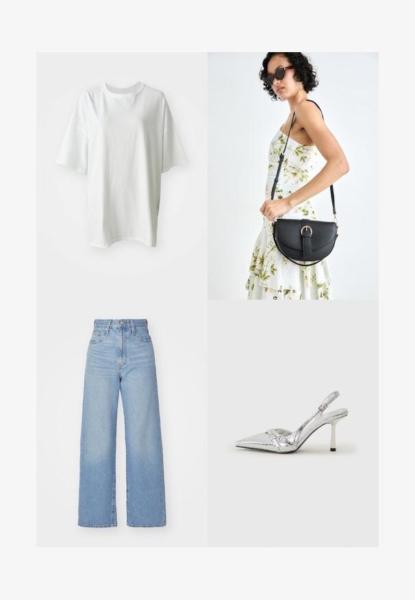 Hvit bomull t-skjorte med korte ermer, løs passform, rund hals og glatt tekstur. Ingen synlige mønstre eller detaljer.; Lys blå høytlivs vide jeans med knapp- og glidelås lukking foran, foran og bak lommer, på en hvit bakgrunn.; Sølv slingback høyhelte sko med spiss tå, metallisk finish, to dekorative stropper, og en slank hæl med svart tupp.; Svart lærveske med en buet form, avtagbar stropp og gullbeslag. Vesken har et klaff med spenne-detall.