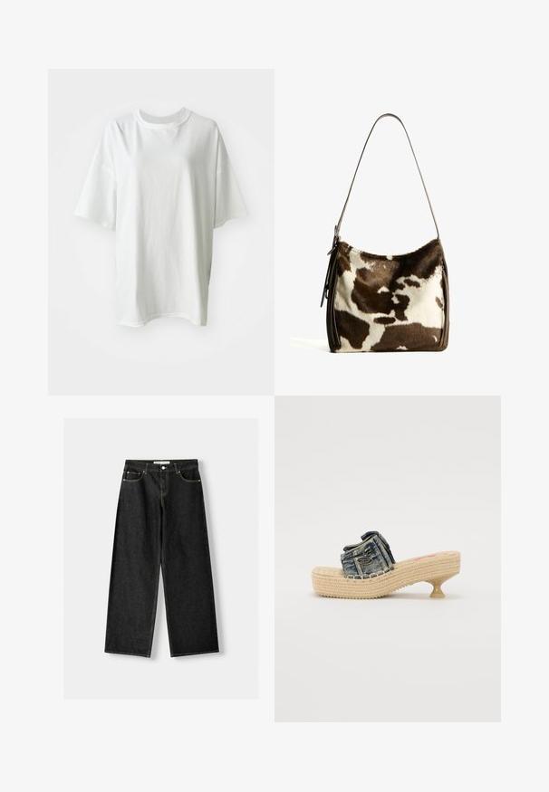 Bílý bavlněný tričko s krátkým rukávem, volný střih, kulatý výstřih a hladká textura. Žádné viditelné vzory nebo akcenty.; Černé denimové široké kalhoty s pěti kapsami, kovovým knoflíkem a zipovým zapínáním, a kontrastním žlutým prošíváním podél švů.; Džínové klouzavé sandály s tkaným podpatkem a malým podpatkem. Obsahují dekorativní švy a kovový akcent na horním popruhu.; Hnědá a krémová kravská kůže ramenní taška s hladkým koženým popruhem, zipovým uzavřením a jemným, texturovaným povrchem s přírodním vzorem.