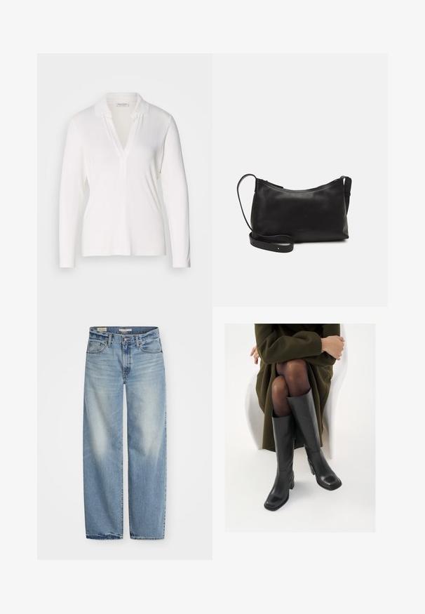 Λευκή πόλο μπλούζα με μακριά μανίκια και V-λαιμόκοψη, κατασκευασμένη από μαλακό ύφασμα, με διπλωμένη γιακά και άνετη εφαρμογή. Απλός και λιτός σχεδιασμός.; Ανοιχτό μπλε τζιν παντελόνι σε φαρδιά γραμμή από denim. Διαθέτει κουμπί και φερμουάρ, πέντε τσέπες και φθαρμένη εμφάνιση με ελαφρώς frayed τελείωμα.; Μαύρες δερμάτινες μπότες έως το γόνατο με τετράγωνη μύτη και τετράγωνο τακούνι, παρουσιασμένες με ένα μοντέλο καθιστό σε ένα ελαιόλαδο πράσινο παλτό. Λείος υφής, ελάχιστη λεπτομέρεια.; Μαύρη δερμάτινη τσάντα ώμου με λεία υφή, καμπύλο σχήμα, ρυθμιζόμενο λουρί και κλείσιμο με φερμουάρ. Μινιμαλιστικός σχεδιασμός χωρίς διακοσμητικά στοιχεία.