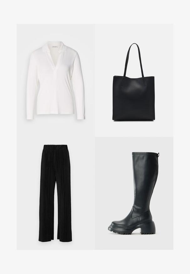 Long-sleeve white polo shirt with a V-neck, made from soft fabric, featuring a folded collar and a relaxed fit. Simple and plain design.; Black pleated trousers with an elastic waistband. Features wide legs and a smooth, textured fabric with vertical stripes.; Tall black leather boot with chunky platform sole and block heel, featuring pull tab and textured tread on outsole.; Black leather tote bag with smooth texture, rectangular shape, and two long handles. No visible hardware or embellishments.
