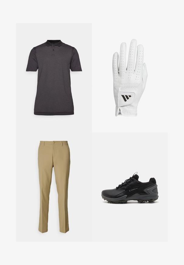 Μαύρο πόλο μπλουζάκι με κοντά μανίκια, υφή υφάσματος με οριζόντιες ρίγες, κλασικό γιακά και κουμπί στην περιοχή του λαιμού.; Χακί παντελόνι από απαλό ύφασμα, με κλασική σχεδίαση, ίσια πόδια, κλείσιμο με κουμπί και δύο πλαϊνές τσέπες.; Μαύρα αθλητικά παπούτσια με λείο συνθετικό επάνω μέρος, υφασμάτινο κολάρο με υφή και καουτσούκ σόλα με μορφοποιημένες προεξοχές πρόσφυσης.; Λευκό δερμάτινο γάντι γκολφ με τρυπημένα δάχτυλα, υφασμάτινη ραφή και μαύρο λογότυπο στη στήριξη του καρπού. Σχεδίαση slim fit για καλύτερη λαβή.