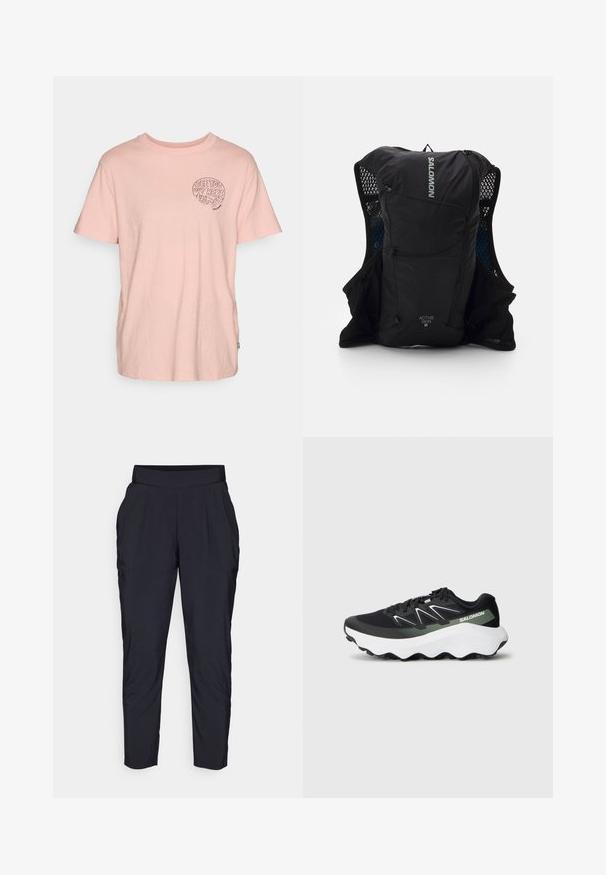 Lyserød bomulds T-shirt med korte ærmer, rund halsudskæring og et sort grafisk motiv med teksten "SEE YOU OUT HERE" på venstre brystområde.; Svarte tapered bukser med bred, elastisk talje, frontfolder og sidelommer. Lavet af et glat, let materiale.; Sort sportsko med overdel i mesh, hvide og lysegrønne detaljer, en polstret hvid sål og et struktureret greb på ydersålen.; Sort løbevest med mesh-lommer på siden, reflekterende detaljer og en frontlomme med lynlås. Letvægtsstof designet til komfort og åndbarhed.