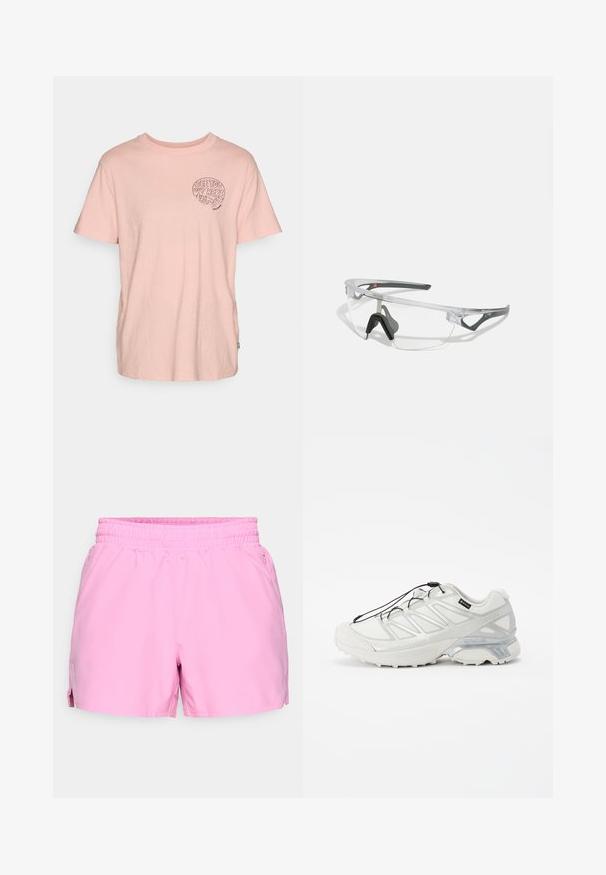 Vaaleanpunainen puuvillainen t-paita lyhyillä hihoilla, pyöreällä pääntiellä ja mustalla graafisella tekstillä "NÄEMME SINUT TÄÄLLÄ" vasemmassa rinnassa.; Vaaleanpunaiset urheilushortsit, joissa on joustava vyötärö ja sivutaskut. Shortsien sivuilla on pienet halkiot ja hillitty merkintä vasemmassa helmassa.; Valkoiset urheilukengät, joissa on teksturoitu verkko-osa, heijastavat yksityiskohdat ja pehmustettu pohja. Varustettu joustavilla nauhoilla ja harmailla yksityiskohdilla.; Läpinäkyvät turvalasit, joissa on kevyt, läpinäkyvä kehys ja harmaat yksityiskohdat. Varustettu ympäröivällä muotoilulla ja säädettävällä nenätyynyllä.