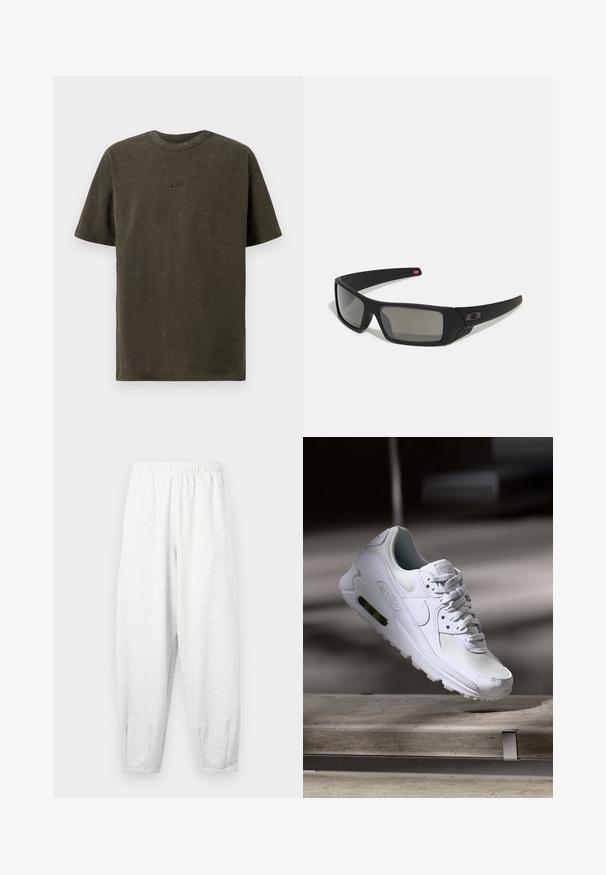 Oliivroheline puuvillane T-särk, millel on ümar kaelus, lühikesed varrukad ja õrn Nike logo reljeefsete õmblustega rinna kohal.; Heledad hallidega valmistatud helehallid spordipüksid, millel on elastne vöökoht, kitsenevad sääred ja pahkluupuhvri. Lihtne disain ilma mustriteta.; Valged Nike Air Max 90 sneakers, millel on võrkkangast ja nahast ülemine osa, aukudega varbadosa ning nähtav õhuüksus kandades.; Mustad mustaga viimistlusega prillid, ristkülikukujulised läätsed, templite kerge kõverus, diskreetne logo detail ja suitsutatud läätsed.