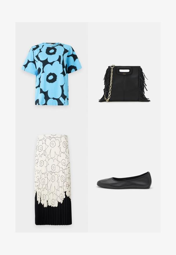 Modrá bavlnená tričko s odvážnym čiernym kvetinovým vzorom. Krátke rukávy a okrúhly výstrih s voľným strihom. Odolná látka.; Plisovaná sukňa s kvetinovým čierno-bielym vzorom, ktorá má svetlú hornú časť s kvetmi a pevným čiernym spodným lemom.; Čierne kožené baleríny s okrúhlou špičkou, hladkým povrchom, minimálnym prešívaním a flexibilným dizajnom podrážky.; Čierna kožená kabelka s strapcami, zlatým reťazovým ramenným popruhom a vykrojenou rukoväťou. Na prednej strane sa nachádza logo.
