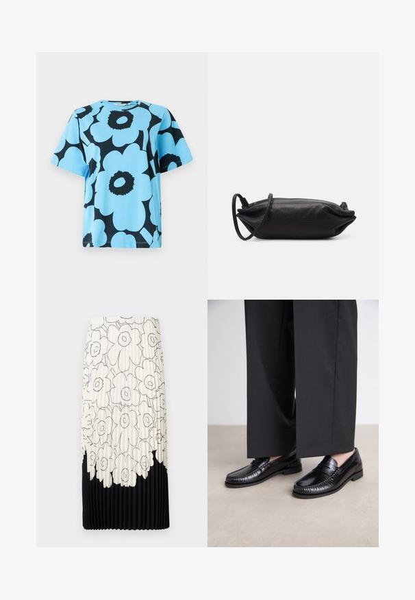 Blauwe katoenen t-shirt met een gedurfde zwarte bloemenprint. Korte mouwen en een ronde halslijn met een ontspannen pasvorm. Duurzaam stof.; Geplooide rok met een bloemenpatroon in zwart-wit, met een licht bovenste gedeelte met bloemen en een effen zwarte onderrand.; Zwarte leren instappers met een gladde afwerking, gestikte details rond de teen en een lage rubberen zool. Gepaard met brede zwarte broeken.; Zwarte leren clutch met een rechthoekige vorm, gladde textuur, dunne schouderband en minimalistisch ontwerp.