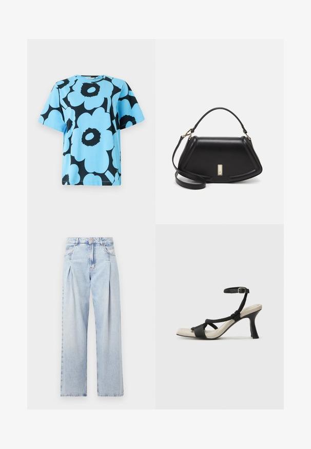 Blå bomulds t-shirt med et iøjnefaldende sort blomstermønster. Korte ærmer og rund halsåbning med en afslappet pasform. Holdbart stof.; Lyseblå denim jeans med høj talje, bred benåbning, to sidelommer og plisseret design. Blød tekstur med et falmet finish.; Sorte hælede sandal med flettet remdesign, firkantet tå og justerbar ankelrem. Lys beige fodseng med en blank sort hæl.; Sort læderhåndtaske med en struktureret design, der har en kortet form, tophåndtag og guld hardware-accenter. Justerbar skulderrem inkluderet.