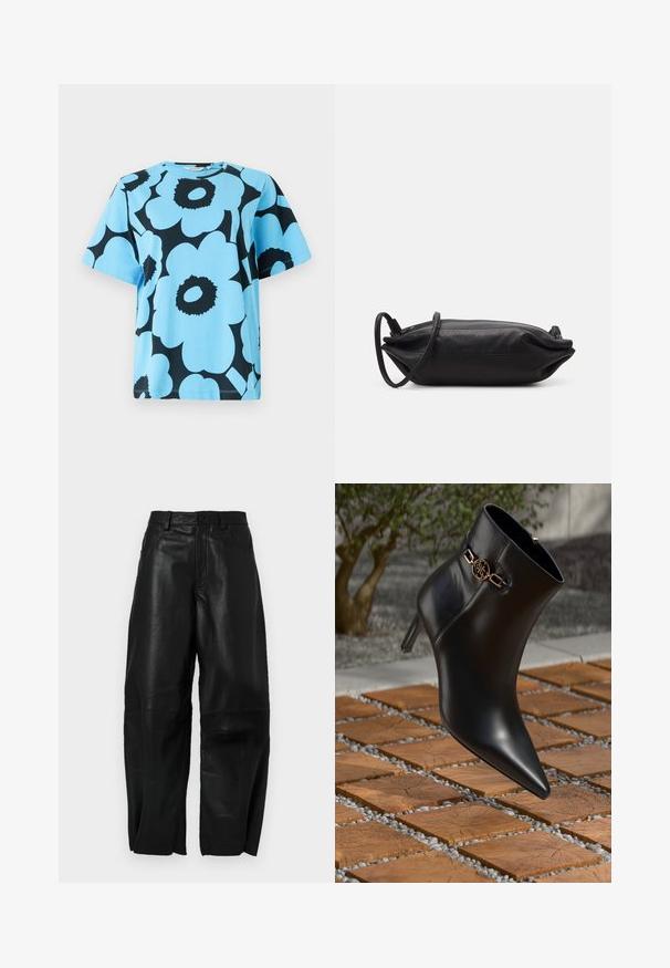 Plava pamučna majica s naglašenim crnim cvjetnim uzorkom. Kratki rukavi i okrugli izrez s opuštenim krojem. Trajna tkanina.; Crne kožne hlače s labavim krojem, s ravnim dizajnom nogavica, prednjim džepovima i vidljivim šavnim detaljima.; Crne kožne gležnjače s uskim vrhom i malom potpeticom. Sadrže zlatnu lančanu dekoraciju oko gležnja. Okružene su teksturiranom kamenitom površinom.; Crna kožna torbica za večernje izlaske pravokutnog oblika, glatke teksture, s tankim remenom za rameno i minimalističkim dizajnom.