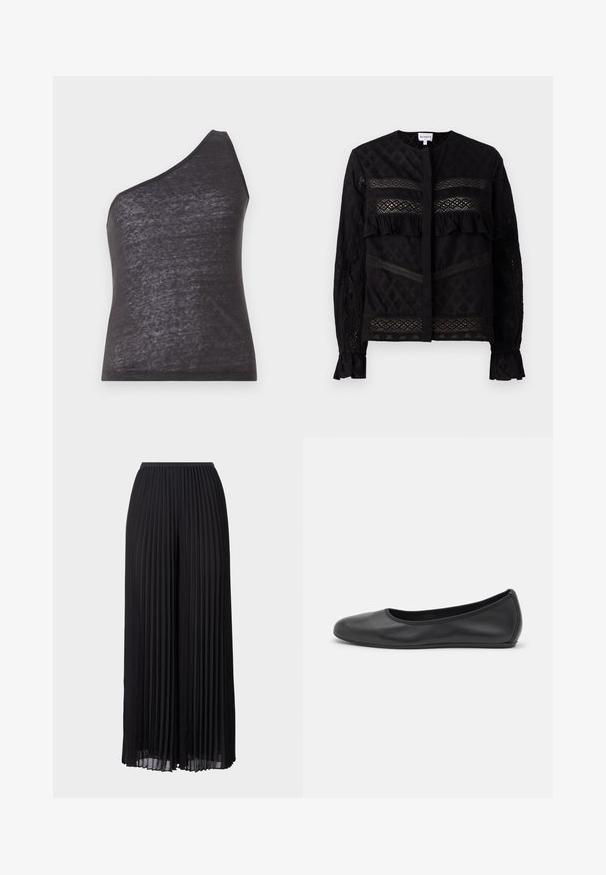 Asümmeetriline must tippaasta ühe õlapaelaga, valmistatud pehmest, veidi läikivast kangast, millel on sobiv siluett ja sile tekstuur.; Must mustärkide ümar kaelus, millel on läbi paistvad pitspaneelid, volangidega detailid ja tekstureeritud mustrid. Pikkade varrukatega, millel on elastsed mansetid.; Mustad laiad püksid mustast materjalist, millel on elastne vöökoht. Valmistatud kergest kangast, millel on kogu ulatuses vertikaalsed voldid.; Musthave mustika tantsutossud mustast nahast, ümmarguse varbaga, siledast tekstuurist, minimaalse õmblusdetailiga ja paindliku tallakujundusega.