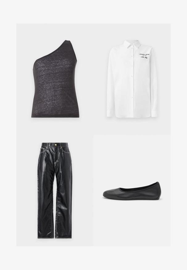 Asymmetrical black tank top with a single shoulder strap, made of soft, slightly sheer fabric, featuring a fitted silhouette and smooth texture.; White long-sleeve button-up shirt with collar and black embroidered text "Moschino Jeans" on the upper left chest.; Black faux leather pants with a wide-leg cut, featuring white stitching, front pockets, and a gold button at the waistband.; Black leather ballet flat with a rounded toe, smooth texture, minimal stitching detail, and a flexible sole design.