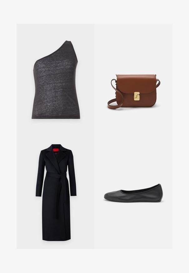 Asymmetrinen musta toppi yhdellä olkaimella, valmistettu pehmeästä, hieman läpikuultavasta kankaasta. Topissa on muodikas siluetti ja sileä rakenne.; Mustat trench-takit pitkillä hihoilla, kietaisumalli ja yhteensopiva vyö. Valmistettu sileästä kankaasta, jossa on uurrettu kaulus ja sivutaskut.; Musta nahkainen ballerina, jossa on pyöristetty kärki, sileä pinta, minimaalinen ommelkoristelu ja joustava pohjamuotoilu.; Ruskea nahkainen käsilaukku, jossa on läppäkiinnitys, kultasävyiset yksityiskohdat, olkahihna ja sileä pinta. Kompaktin suorakaiteen muotoinen.