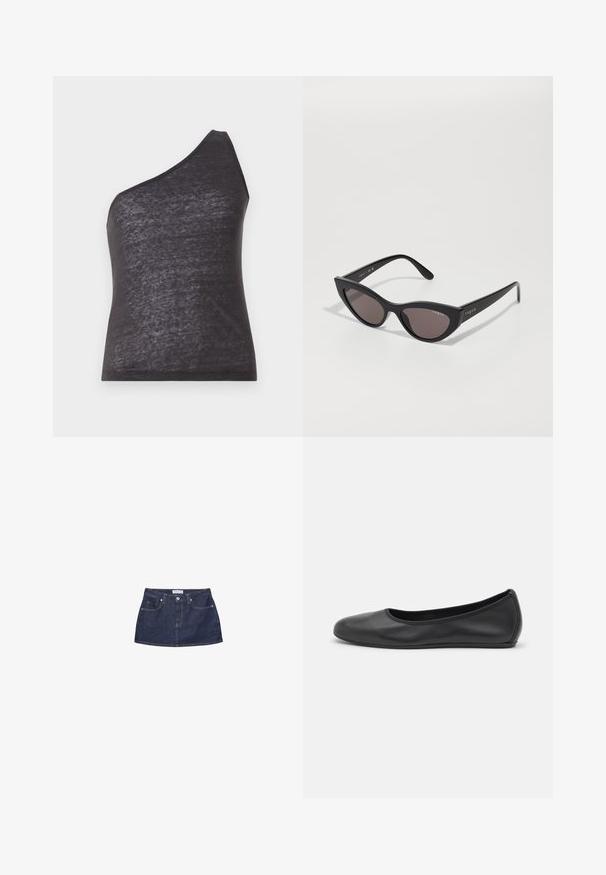 Asymetrický čierny tielko s jedným ramenným popruhom, vyrobené z jemnej, mierne priesvitnej látky, s priliehavým strihom a hladkým povrchom.; Džínová mini sukňa v tmavom modrom odtieni so priliehavým pásom, prednými vreckami a metalickou prackou. Hladká štruktúra a klasický strih.; Čierne kožené baleríny s okrúhlou špičkou, hladkým povrchom, minimálnym prešívaním a flexibilným dizajnom podrážky.; Slnečné okuliare s mačacími očami s matným čiernym rámom a tmavými sklami, na boku so značkou "vogue" a výrazným uhlovým tvarom.