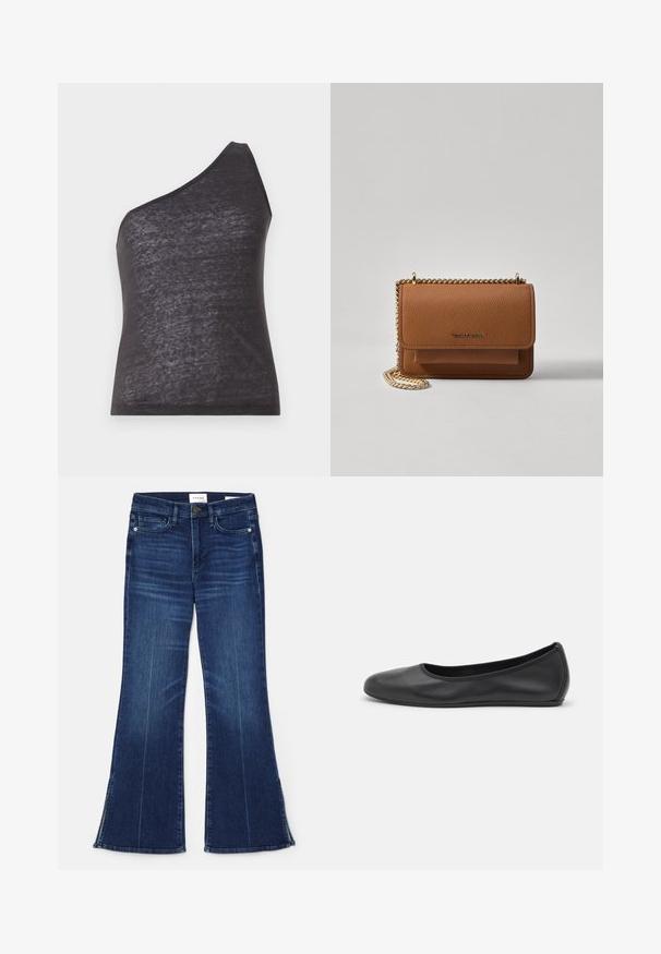 Top negro asimétrico sin mangas con una sola tiranta, confeccionado con una tela suave y ligeramente transparente, presentando una silueta ajustada y una textura suave.; Vaqueros acampanados de color azul oscuro, hechos de mezclilla. Presentan una cintura alta, bolsillos frontales y detalles de abertura en el dobladillo. Diseño clásico de cinco bolsillos.; Bailarina de piel negra con punta redondeada, textura suave, detalle de costura minimalista y diseño de suela flexible.; Bolso crossbody de cuero texturizado marrón con correa de cadena dorada y cierre de solapa. La parte frontal presenta un detalle de logo y un bolsillo debajo de la solapa.