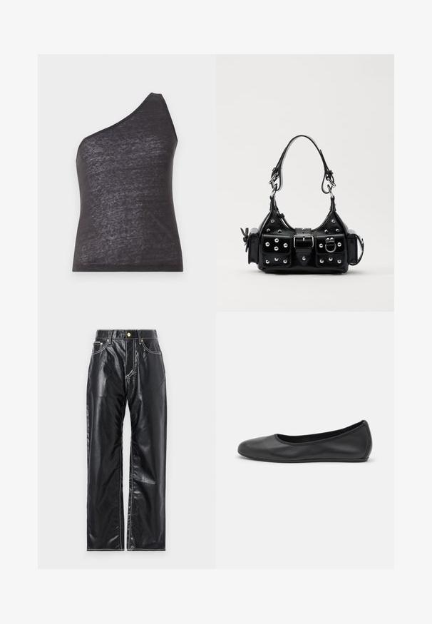 Top negru asimetric fără mâneci, cu un singur bretele, realizat dintr-un material moale, ușor transparent, având o siluetă ajustată și o textură fină.; Pantaloni negri din piele ecologică cu croială largă, cu cusături albe, buzunare frontale și un nasture aurie la talie.; Balerini din piele neagră, cu vârf rotund, textură netedă, detalii de cusătură minimale și un design al tălpii flexibil.; Geantă de piele neagră cu un design curbat, dotată cu studuri argintii, o cataramă și două buzunare laterale. Curea ajustabilă pentru opțiuni de transport.
