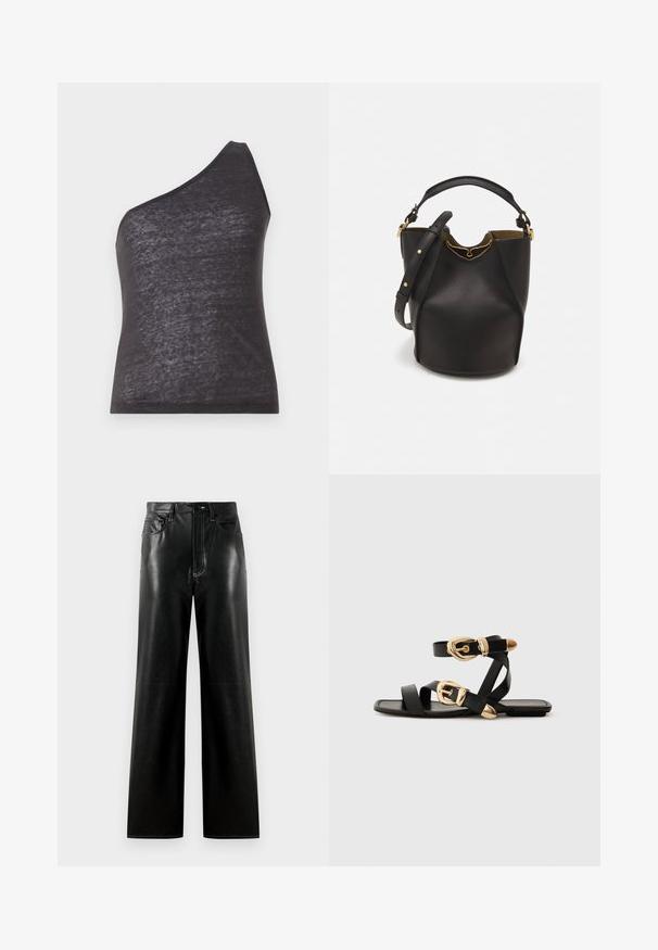 Aszimmetrikus fekete ujjatlan top egyetlen vállpánttal, puha, enyhén áttetsző anyagból, fitted sziluettel és sima textúrával.; Fekete bőr, széles szárú nadrág, sima felülettel, gombos és cipzáros záródással, elülső zsebekkel és kontrasztos varrási részletekkel.; Fekete bőr szandál arany csattal, több hevederrel és lapos talpú dizájnnal, nyitott lábujjú viselethez.; Fekete bőr vödör táska texturált felülettel, arany hardware részletekkel és nyitott tetejével. Rövid fogantyúval és állítható vállpánttal rendelkezik.