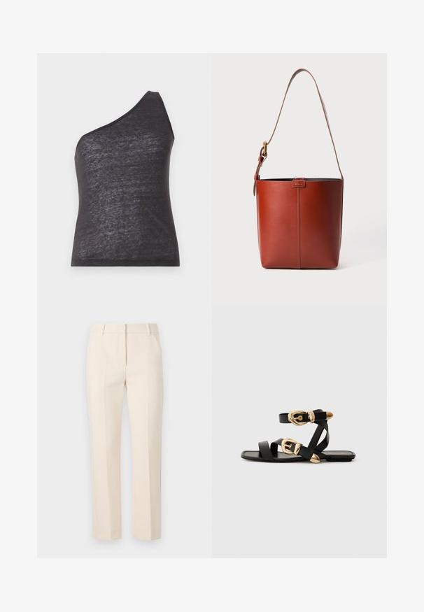 Asymetrický černý top bez rukávů s jedním ramenním popruhem, vyrobený z jemné, mírně průsvitné tkaniny, s přiléhavým střihem a hladkou texturou.; Béžové kalhoty na míru se rovnými nohavicemi, dvěma předními záhyby a plochým pasem. Vyrobeny z hladkého materiálu. Bez viditelných kapes.; Černé kožené sandály s pozlacenými přezkami, s vícero popruhy a plochou podrážkou pro nošení s otevřenou špičkou.; Hnědá kožená kabelka ve tvaru kbelíku s nastavitelným ramenním popruhem a zlatým přezkovým zapínáním, jednoduchý vertikální šev na přední straně.