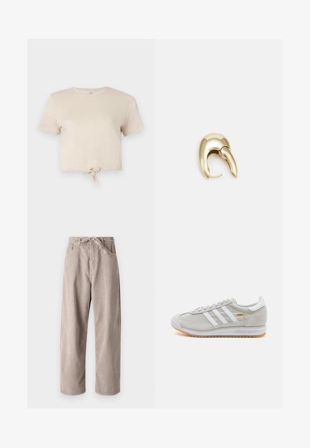 T-shirt beige cropped realizzato in tessuto scintillante con maniche corte e dettaglio annodato all'orlo. Texture liscia e scollatura rotonda.; Pantaloni in velluto a coste beige con vestibilità ampia, dotati di vita con cordoncino, due tasche frontali e lavorazione a coste verticali.; Sneaker grigio chiaro realizzato in suede e rete, con tre strisce bianche, punta arrotondata e suola in gomma color caramello. Accento del logo dorato vicino ai lacci.; Orecchino in metallo color oro con un design elegante e curvo. Presenta una forma appuntita distintiva, superficie lucida e chiusura a cerniera.
