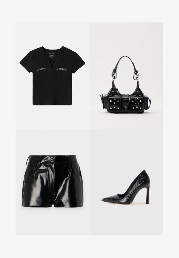 Black short-sleeve V-neck crop top with white "misbhv" text printed twice above the chest area.; Black, glossy shorts made of synthetic material. Features a fitted waist, belt loops, and front pockets with prominent stitching details.; Black pointed-toe high heel shoe with a crocodile-skin texture, featuring a sleek design, high stiletto heel, and smooth black interior.; Black leather handbag with a curved design, featuring silver studs, a buckle, and two side pockets. Adjustable strap for carrying options.