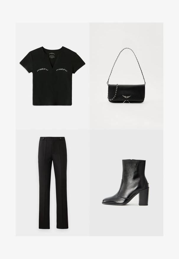 Crni kratki rukavi V-izrez crop top s bijelim natpisom "misbhv" otisnutim dvaput iznad područja grudi.; Crne krojene hlače ravnog kroja, s dva prednja džepa, dugmetom za zatvaranje i pregibima sprijeda. Glatka tekstura tkanine.; Crna kožna čizma do gležnjeva s glatkom teksturom, špicastim vrhom i debelim visokim potpeticama. Ima bočni otvor i minimalistički dizajn.; Crna kožna torba s srebrnim lanac strapom, s dekorativnim krilnim naglascima i bijelim šavovima duž donjeg šava.
