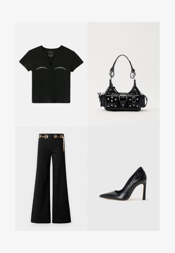 Schwarzes kurzärmeliges V-Ausschnitt-Crop-Top mit zwei weißen "misbhv"-Aufdrucken über der Brust.; Schwarze weit geschnittene Hosen aus Baumwolle mit goldenen runden Beschlägen und einer Kettendetail am Bund. Butterweiche Textur, sauberer Schnitt.; Schwarzer, spitz zulaufender High Heel mit Krokodilleder-Struktur, elegantem Design, hohem Stiletto-Absatz und glattem schwarzen Innenraum.; Schwarze Lederhandtasche mit einem geschwungenen Design, verziert mit silbernen Nieten, einer Schnalle und zwei seitlichen Taschen. Verstellbarer Träger für verschiedene Tragemöglichkeiten.