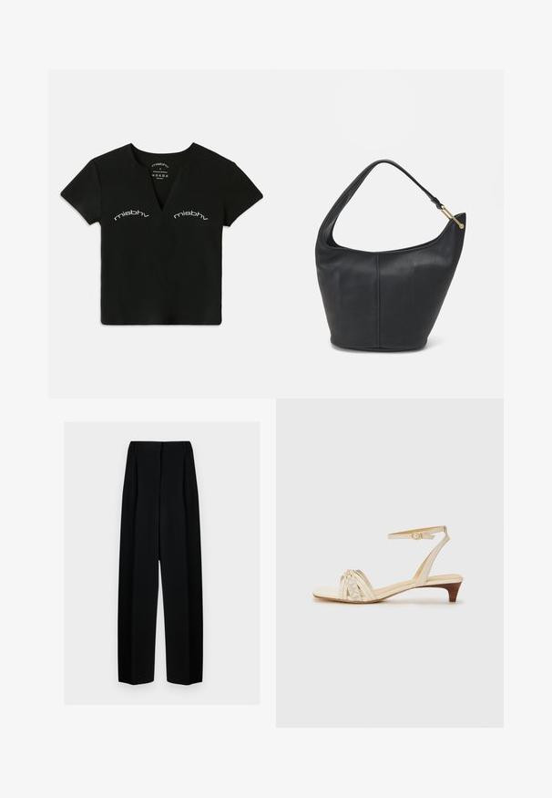 Schwarzes kurzärmeliges V-Ausschnitt-Crop-Top mit zwei weißen "misbhv"-Aufdrucken über der Brust.; Schwarze weit geschnittene Hosen mit hoher Taille, die Falten und eine glatte Textur aufweisen. Der Stoff wirkt leicht und fällt elegant.; Beige Absatzsandale mit einem strukturierten Riemendesign, ausgestattet mit einem Knöchelriemen mit einer Goldschnalle und einem Holzabsatz.; Schwarze Lederhandtasche mit abgerundeter Form, breitem Tragegurt und strukturiertem Finish. Besitzt eine subtile Nahtdetails und einen Akzent aus goldfarbenem Metall.