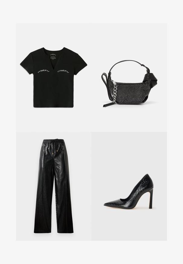 Black short-sleeve V-neck crop top with white "misbhv" text printed twice above the chest area.; Black leather wide-leg pants with an elastic waistband, drawstring, and gold hardware accents. Smooth texture and loose fit.; Black pointed-toe high heel shoe with a crocodile-skin texture, featuring a sleek design, high stiletto heel, and smooth black interior.; Black handbag featuring studded embellishments, a chain strap, and a smooth leather handle, with a rounded shape and zipped compartment.