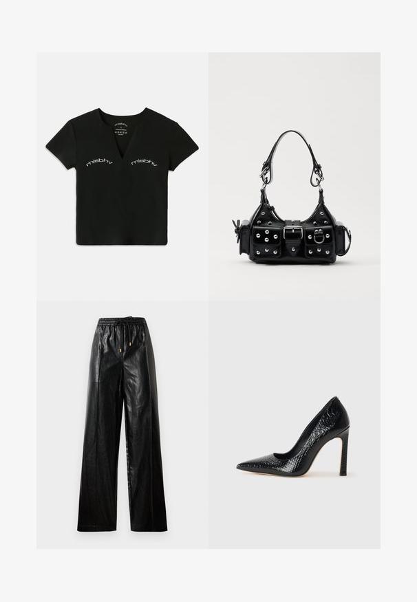 Svart kortärmad V-ringad crop top med vit text "misbhv" tryckt två gånger ovanför bröstet.; Svarta läderbyxor med vida ben, elastisk midja, dragsko och detaljer i guld. Slät textur och löst passform.; Svart spetsig högklackad sko med krokodilskinnsstruktur, som har en elegant design, hög stilettklack och en slät svart innersula.; Svart läderhandväska med en kurvad design, prydd med silverfärgade nitar, ett spänne och två sidofickor. Justerbar rem för olika bäralternativ.