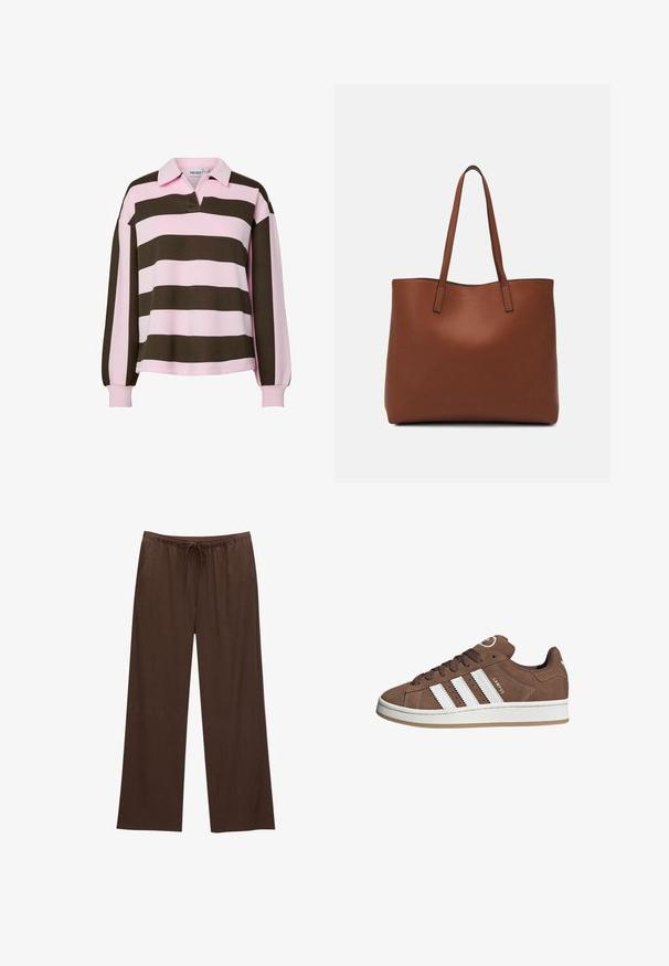 Rugby majica dugih rukava s širokim horizontalnim ružičastim i tamnosmešnim prugama, ovratnikom i slobodnim krojem.; Smeđe široke hlače izrađene od mekanog materijala, s elastikom u struku i vezicom te dva bočna džepa.; Smeđe nubuk tenisice s bijelim kožnim prugama, gumeni potplat, okrugli nos i vezanje sprijeda. Imaju logo na jeziku i perforirane detalje.; Smeđa kožna torba preko ramena s glatkom teksturom, otvorenim vrhom i dvjema naramenicama. Ima minimalne šavove i nema vidljivog hardvera.