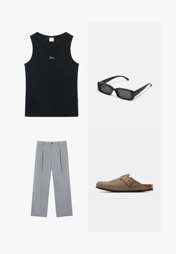 Zwarte geribbelde tanktop met een ronde hals en gestikt een zoom. Voorzien van het geborduurde "Blkrts" logo in het wit aan de voorkant. Zachte katoenmix.; Grijze geplooide broeken met een ontspannen pasvorm, gemaakt van een lichte stof. Voorzien van voorzakken en een knoopsluiting in de taille.; Bruine klompen met een gladde, matte afwerking. Beschikt over een opvallende bronzen gesp aan de zijkant. Korken voetbed en rubberen buitenzool voor comfort.; Zwarte rechthoekige zonnebril met donkere lenzen, glanzende afwerking, brede pootjes en een robuust frameontwerp. Gegraveerde merknaam op één van de pootjes.