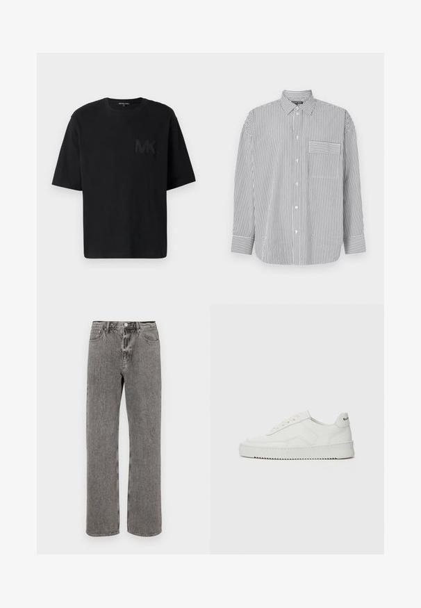 Melna kokvilnas t-kreklu ar īsām piedurknēm, apaļu kakla izdali un teksturētu "MK" logotipu kreisajā krūšu daļā. Vienkāršs, brīvs piegriezums.; Melnā un baltā svītrainā krekla ar pogām, garām piedurknēm, klasisku apkakli un krūšu kabatu ar horizontālām svītrām.; Pelēkie džinsi ar taisnu kāju griezumu, piecu kabatu dizainu un pogu slēgšanu jostasvietā. Visā virsmā ir maiga izbalējusi tekstūra.; Baltas ādas sneakers ar gludu virsmu, apaļu pirkstu daļu, plakaniem šņorēm un teksturētu zoli. Satur diskrētu logotipu uz papēža.