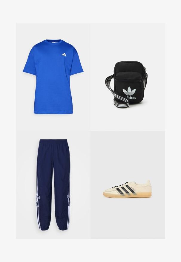 Mėlynas medvilninis trumpomis rankovėmis marškinėliai su apvalia kaklo iškirpte ir balta akcento logotipu kairėje krūtinės srityje. Lygi tekstūra, standartinio fasono.; Tamsiai mėlynos kelnės sportui su elastine juosta, baltais šoninėmis juostelėmis ir logotipo apdailomis abiejose pusėse. Textūruotas audinys, siaurėjantys gležnai.; Šviesiai kreminiai sportbačiai su juodu trikampiu dizainu, tekstūruota viršutinė dalis, apvalus pirštas ir guminiu padu. Yra raišteliai ir ženklas šone.; Juodas audinio per petį nešiojamas krepšys su užtrauktuku, turintis baltą Adidas logotipą ir dryžuotą reguliuojamą diržą patogiam nešiojimui.