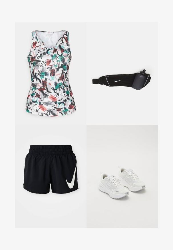 Mouwloos sporttanktop met ronde halslijn, met een abstract penseelstrook patroon in groen, rood, zwart en grijs op een witte stof.; Zwarte sportshorts met een elastische tailleband, voorzien van een groot wit Nike-logo op de voorkant en gemaakt van een soepele, lichte stof.; Witte sportieve schoenen met een gestructureerde mesh bovenkant, een comfortabele zool en subtiele grijze accenten. Inclusief branding en een lus aan de hiel voor eenvoudig aan- en uittrekken.; Zwarte waterflesriem met een verstelbare band, voorzien van een wit Nike-logo, een grijze waterfleshouder en witte accentstiksels.