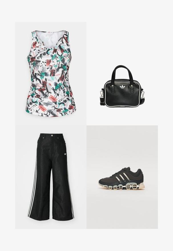 Ärmelloses Sport-Tanktop mit rundem Halsausschnitt, versehen mit einem abstrakten Pinselstrich-Muster in Grün, Rot, Schwarz und Grau auf weißem Stoff.; Schwarze, weit geschnittene Jeans mit drei weißen Streifen an jeder Seite und einem kleinen weißen Logo. Mit vorderen Taschen und einem Knopfverschluss.; Schwarzer Sportschuh mit einer strukturierten Oberseite, drei silbernen Streifen und einer markanten Dämpfungssohle mit mehreren integrierten Sektionen.; Schwarze Lederhandtasche mit zwei kurzen Griffen, silbernem Zubehör, weißen Akzenten und einem weißen Logo. Verfügt über eine strukturierte Oberfläche und ein kompaktes Design.