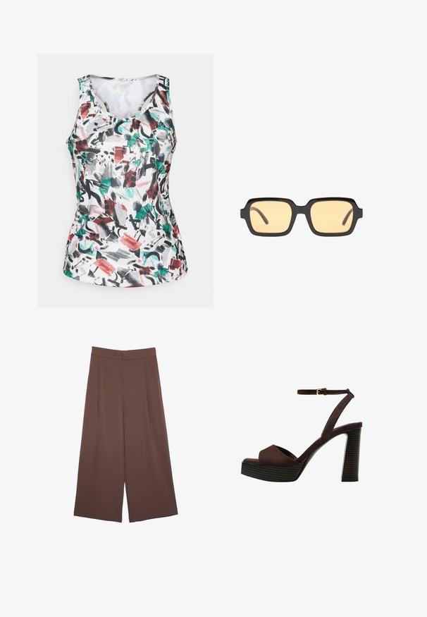 Bezrukávový sportovní top s kulatým výstřihem, s abstraktním vzorem štětcem v zelené, červené, černé a šedé barvě na bílé látce.; Hnědé široké kalhoty s hladkou texturou, vysokým pasem a předními záhyby. Materiál je lehký a volně splývá.; Hnědé semišové sandály na vysokém podpatku s otevřenou špičkou, nastavitelným páskem kolem kotníku a proužkovou platformou.; Černé obdélníkové sluneční brýle se žlutými skly, lehký rám a charakteristické tupé hrany na spáncích. Hladký, lesklý povrch.; Beige kožená kabelka s jedinečným tvarem, vybavená dvěma krátkými uchy a dlouhým nastavitelným popruhem. Hladká textura s minimem kovových doplňků.
