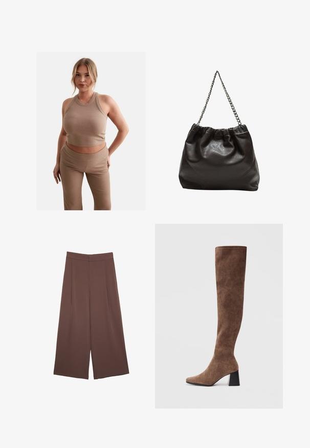 Top corto a coste in marrone chiaro con colletto alto e design aderente, abbinato a pantaloni aderenti a vita alta in coste coordinate. Dettaglio del logo discreto visibile.; Pantaloni ampi marroni con una texture liscia, caratterizzati da una vita alta e pieghe frontali. Il tessuto è leggero e scorre liberamente.; Stivali marroni sopra il ginocchio in morbido camoscio, con punta affusolata e tacco grosso nero. Il design presenta cuciture senza soluzione di continuità per un aspetto elegante.; Borsa in pelle marrone con parte superiore arricciata e tracolla a catena. Texture liscia con finitura lucida e dettagli di cucitura sottili sui lati.