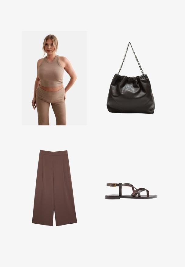 Svijetlosmeđi rebrasti crop top s visokim ovratnikom i prilagođenim dizajnom, uparen s odgovarajućim rebrastim hlačama visokog struka. Diskretan detalj s logotipom vidljiv.; Smeđe hlače širokog kroja s glatkom teksturom, koje imaju visok struk i nabore sprijeda. Tkanina je lagana i slobodno se kreće.; Smeđe kožne sandale s iskrižanim trakama, umetkom za zapešće s kopčanjem i ravnim potplatom s minimalnim detaljima šivanja.; Smeđa kožna torba s naboranim vrhom i lančićem za nošenje. Glatka tekstura s sjajnim završetkom i suptilnim šavnim detaljima sa strane.