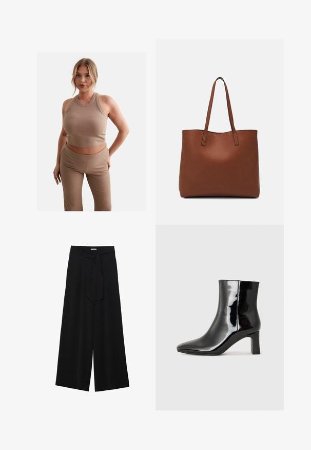 Top corto a coste in marrone chiaro con colletto alto e design aderente, abbinato a pantaloni aderenti a vita alta in coste coordinate. Dettaglio del logo discreto visibile.; Pantaloni neri a gamba larga caratterizzati da un tessuto testurizzato, una vita elastica e una cintura staccabile per una vestibilità regolabile.; Stivaletto in pelle verniciata nera con punta a punta e tacco a blocco di altezza media. Texture liscia e design minimalista.; Borsa tote in pelle marrone con texture liscia, design con apertura superiore e due spallacci. Presenta cuciture minime e nessun hardware visibile.