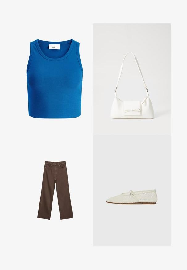 Modra rebrasta kratka majica s širokim izrezom, bez rukava, in oznako "JJXX", ki se nahaja v središču izrezanega dela.; Široke rjave kavbojke iz denima, ki imajo visok pas, sprednje žepe in klasično zapiranje na gumb. Gladka tekstura s subtilnim šivom.; Bela mrežasta balerinka s uskim nosom in nastavljivim trakom. Ima teksturirano zgornji del in ravno rjavo podplat.; Bela sintetična torbica v obliki trikotnika, z ravnim sprednjim poklopcem in detajlom mašne, nastavljivim trakom, gladko teksturo in minimalističnim dizajnom.
