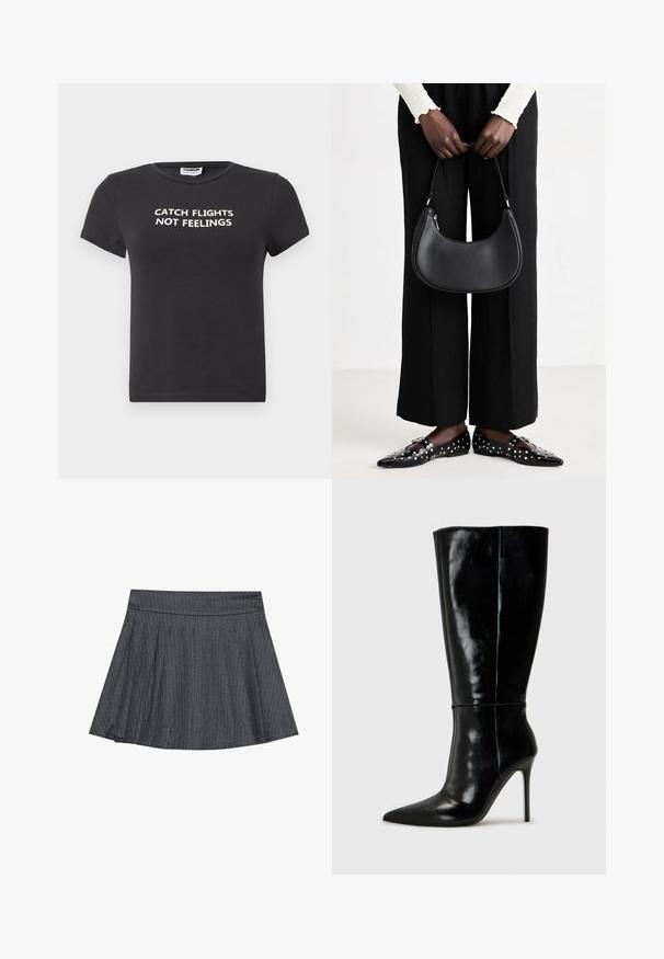 Camiseta de algodón negra con manga corta que presenta un texto blanco que dice "CATCH FLIGHTS NOT FEELINGS". Diseño clásico de cuello redondo.; Falda de patinadora a rayas grises con cintura ceñida, forma acampanada en A y textura de tela suave. Las líneas verticales mejoran el interés visual.; Botas de cuero negro hasta la rodilla con punta afilada y tacón alto de aguja. Textura suave y diseño elegante, con detalles mínimos.; Bolso de hombro de cuero negro con forma redondeada, acabado brillante y herrajes plateados. Persona vistiendo pantalones anchos negros y mocasines con tachuelas.
